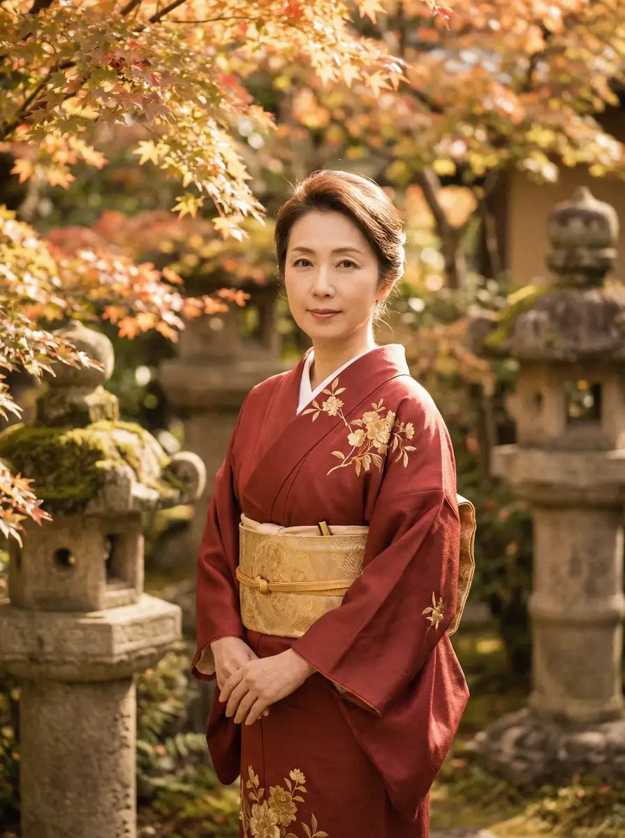 一位身穿暗红色和服的优雅 美嘉体育皇冠平台 在日式庭院中