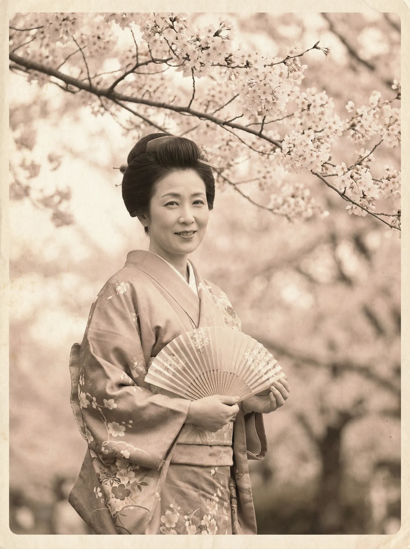 一位持扇的优雅 美嘉体育皇冠平台 在樱花树下的复古写真