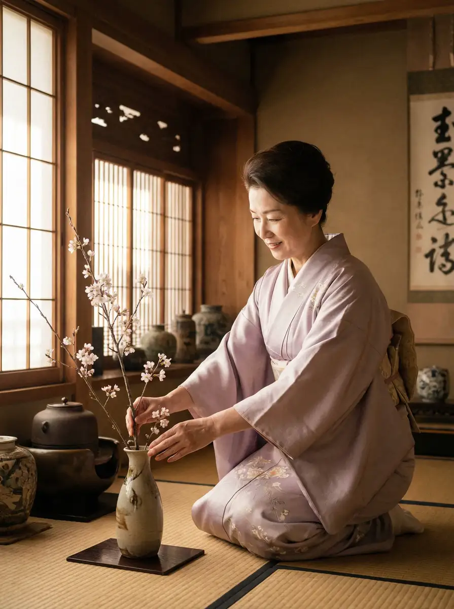 一位优雅的 美嘉体育皇冠平台 在和室中插花
